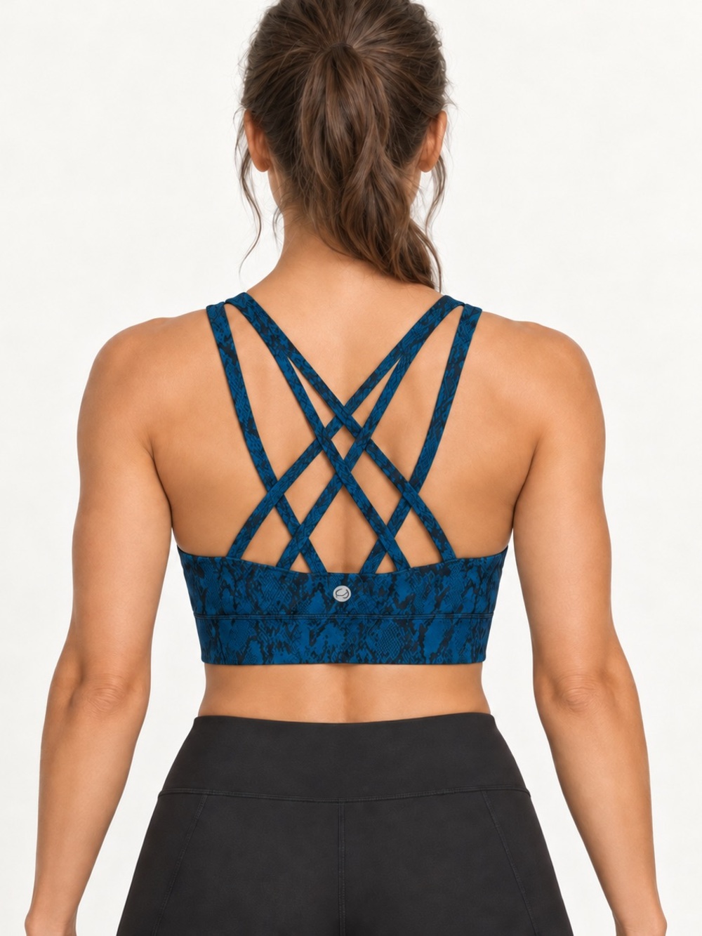 NWT CRZ YOGA Longline Toga Sports Bra L Blue Snakeskin Strappy